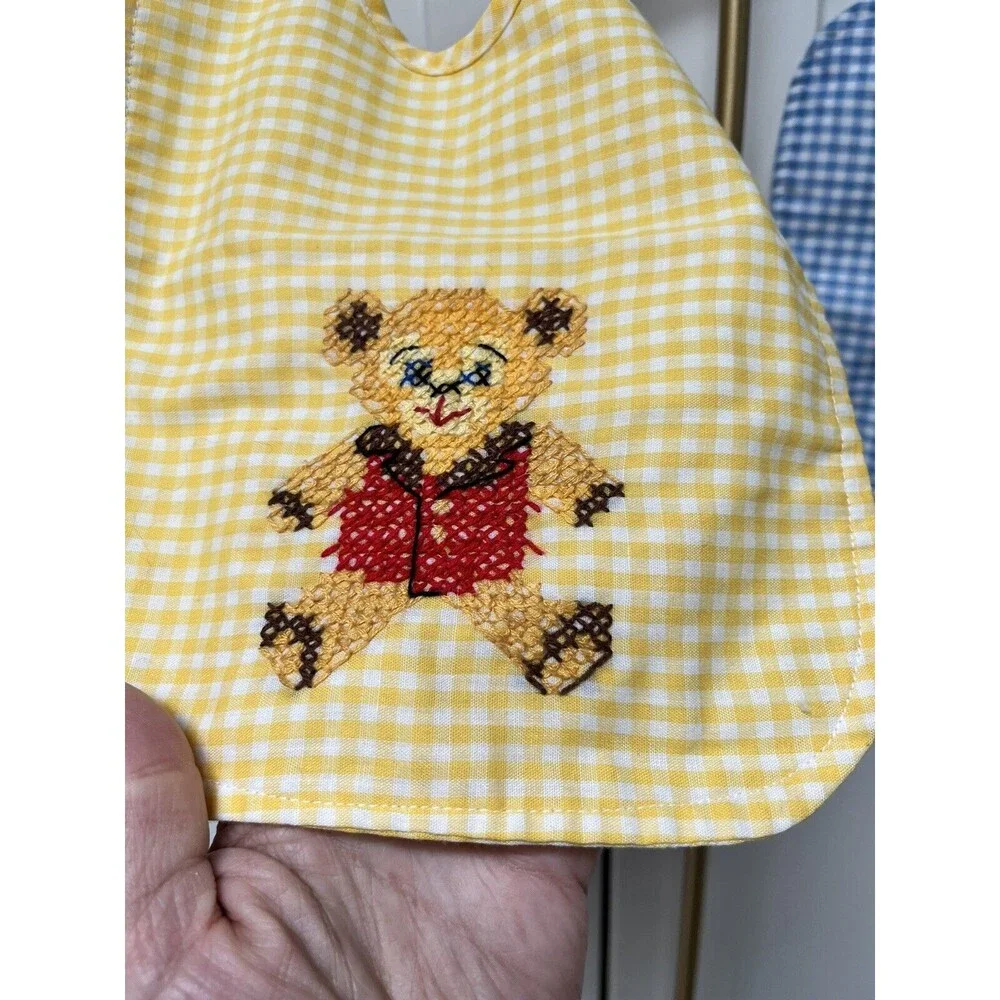 Vtg Pair Hand Cross-Stitched Baby Bibs Quilted Infant Toddler Gingham Boat Bear
